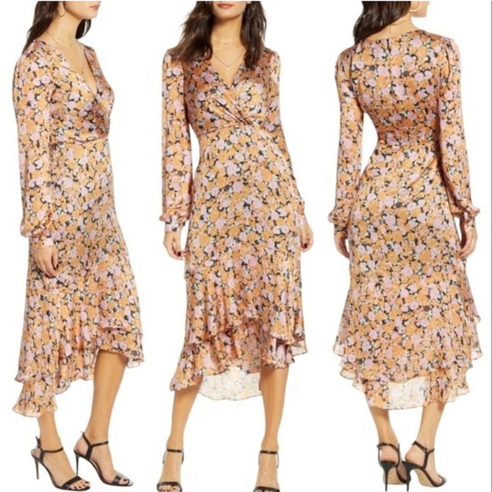 WAYF Celeste Orange Pink Floral Long Sleeve Ruffle Hem Midi Dress